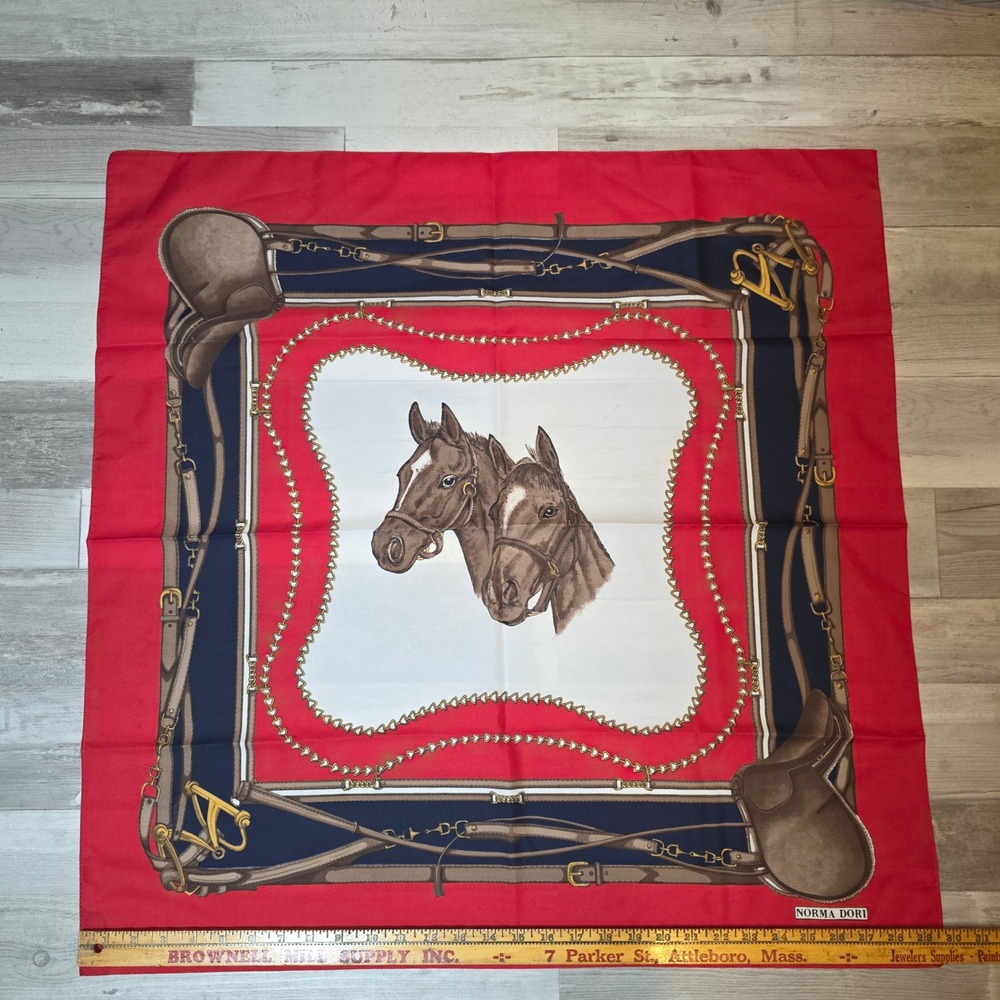 Norma Dori Red Equestrian Horse‎ Print Square Scarf 30x30 Vintage Style